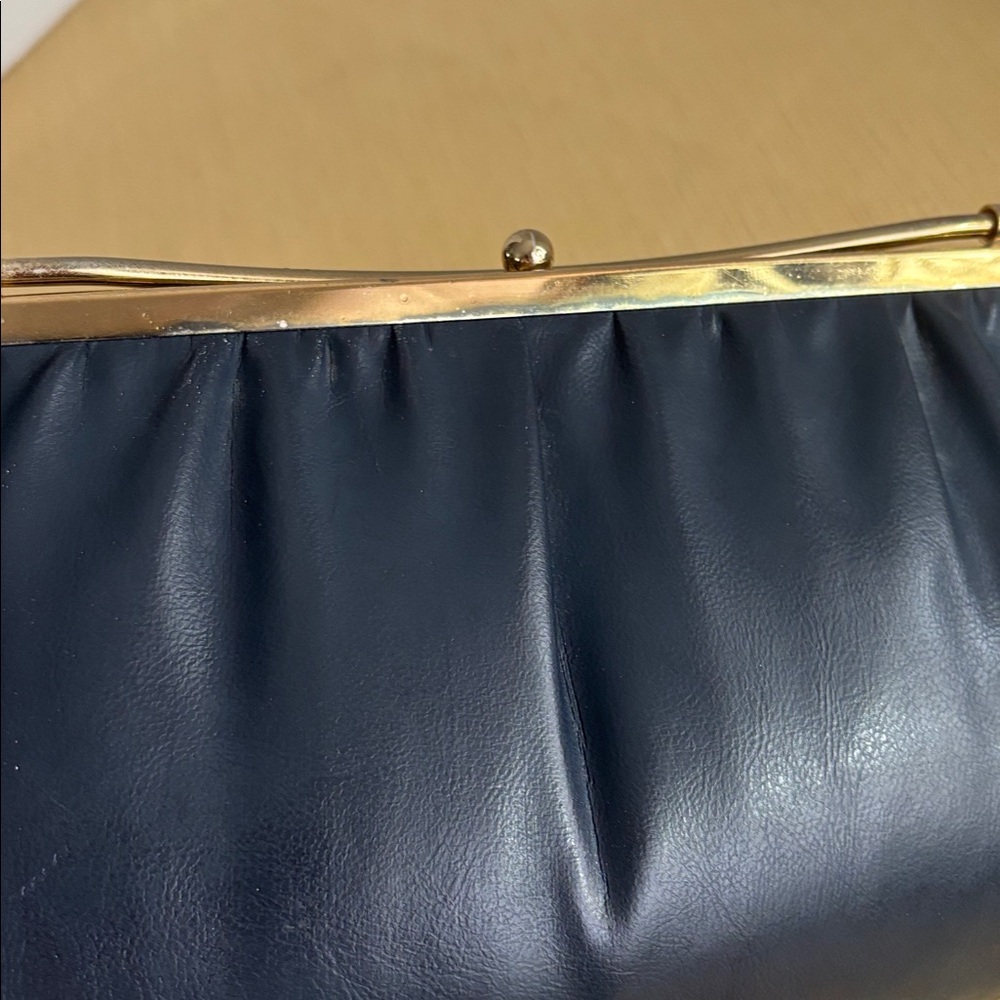 Vintage Reversible Navy Blue & White Leather Clutch Bag Gold Tone Closure - Picture 7 of 9